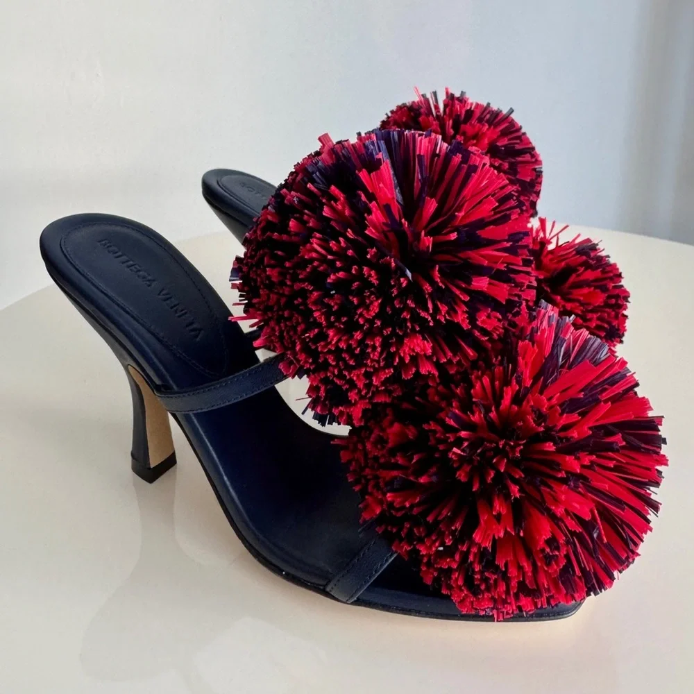 Bottega Veneta *NEW* Leather Navy Blue & Red Pom Pom Shoes- Size 6 - Picture 3 of 12
